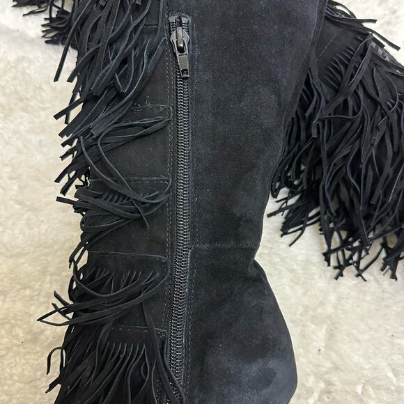 Steve Madden Maraka Over Knee Stiletto Heel Suede Fringe Boots Size 7 Black - Picture 12 of 16
